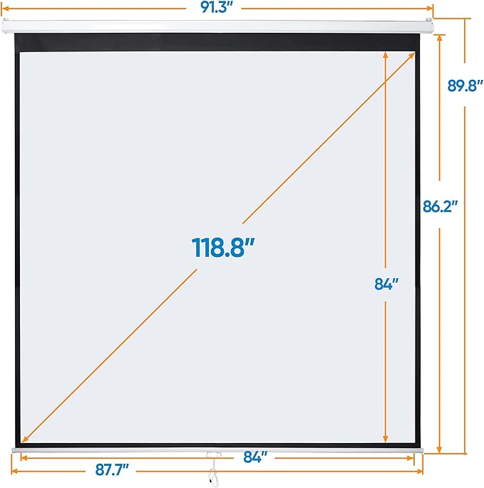 120 Inch Projection Screen Outdoor Indoor 1:1 HD Foldable Manual Pull Down Projector Screen for Movie Home Backyard Theater Cinema Office Video Game, White