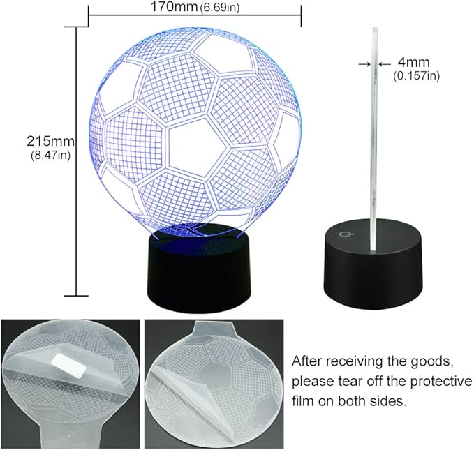 AZIMOM 3D Illusion Lamp Soccer Decor Night Light 7 Colors Changing Led Night Light for Kids Smart Touch Optical Illusion Bedside Lamps Bedroom Home Decoration Boys & Girls Women Birthday Gifts