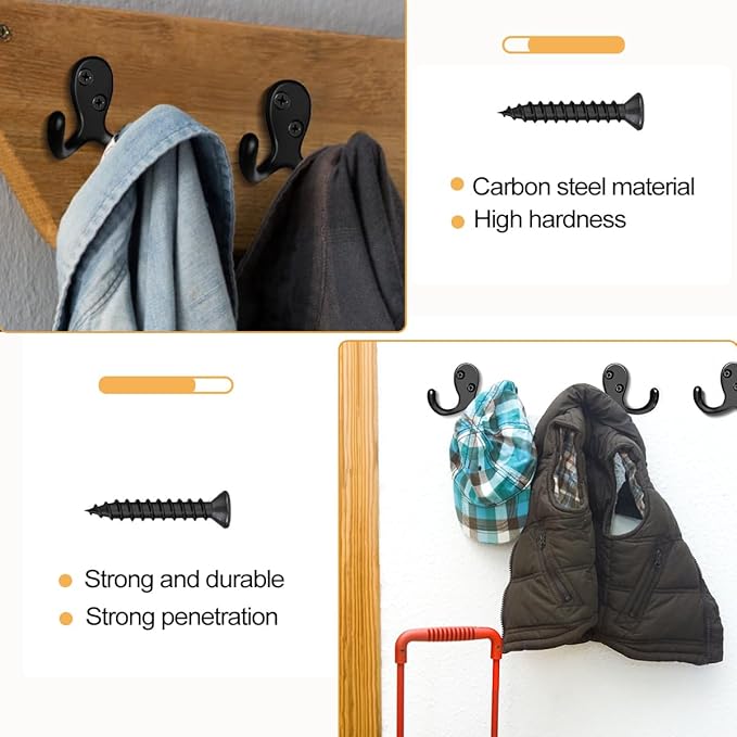 20 Pack Coat Hooks Wall Hooks for Hanging, Heavy Duty Double Prong Metal Hook Wall Mounted for Living Room, Bathroom, Kitchen, Bedroom for Coat, Bag, Scarf, Towel, Hat, Key, Cup (Black)