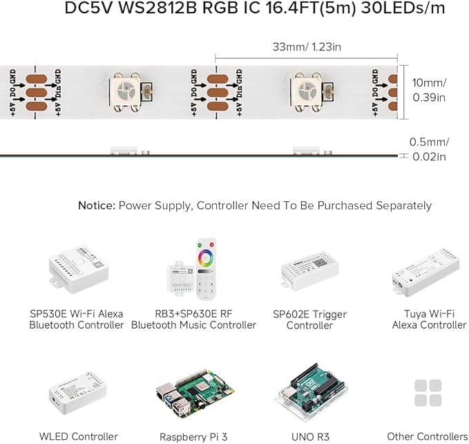 BTF-LIGHTING WS2812B RGB ECO LED Strip, Chasing Effects 5050SMD Individually Addressable 16.4FT 30Pixels/m 150Pixels Flexible Dream Color IP67 for Bedroom DIY Projects DC5V(No Adapter or Controller)