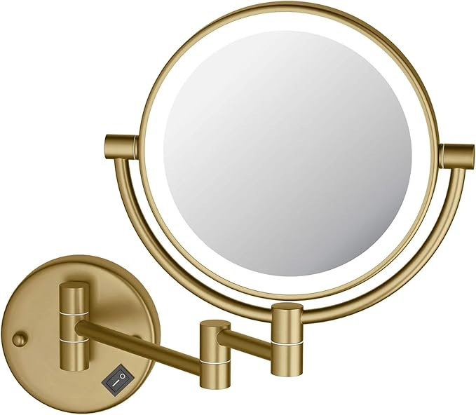 KIBI Circular Wall Mount Makeup Mirror with LED Lights, Dual-Sided 1x/5x Magnifying Mirror with Adjustable Arm, 360° Swivel, Solid Brass Construction for Durability and Style (Brushed Brass, KMM101)