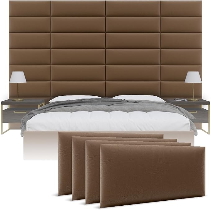 Vänt Upholstered Wall Panels - King/Cal King Size Wall Mounted Headboards - Vintage Leather Cognac - Twin/King - Set of 4 Panels (Each Individual Panel 39"x11.5")
