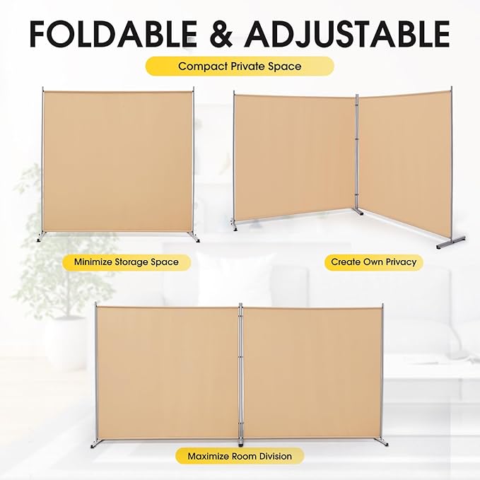 Rantila 2 Large Panels Room Divider,Portable Office Divider,Convenient Movable,Folding Partition Privacy Screen for Bedroom,Dining Room, Study,142" W x 71" H,Beige