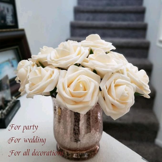 Champagne Artificial Fake Roses 25 PCS with Stem, Flowers for Crafts Bouquets for DIY Wedding Centerpieces Table Arrangements for Party Home Garden Decorations