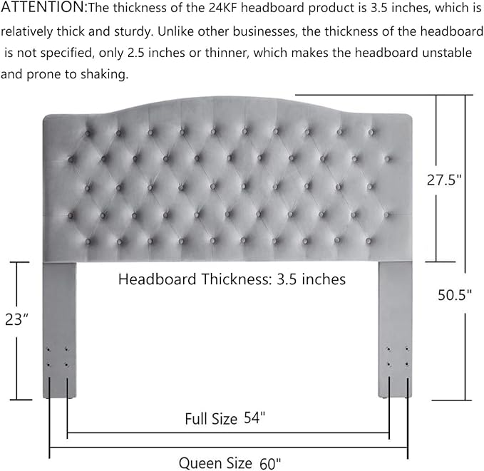 24KF Upholstered Tufted Button Velvet Headboard,Comfortable Fashional Headboard Queen/Full Size, Gray