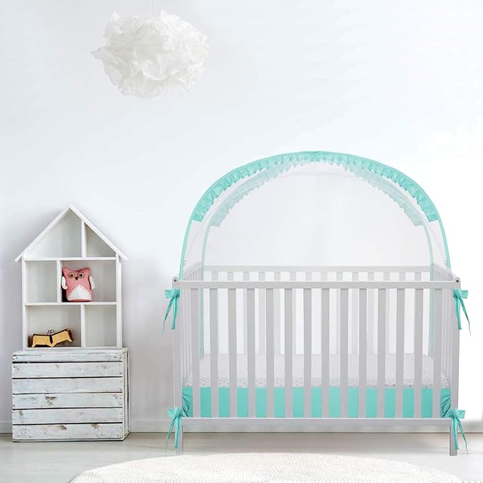 Crib Pop Up Tent Baby Safety Mesh Cover Mosquito Net Toddler Bed Canopy Netting Cover Protect Baby from Biting and Falling, Emerald, 51 x 51 x 27 Inch