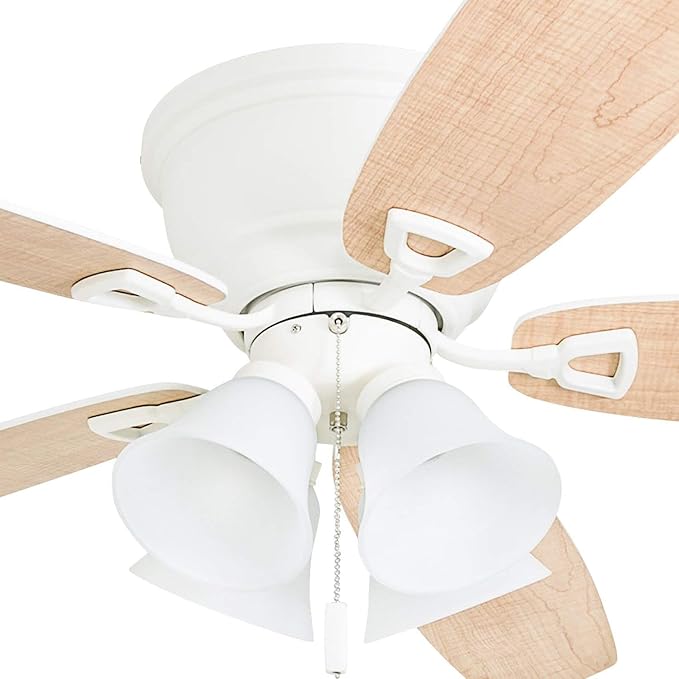 Honeywell Ceiling Fans Glen Alden, 52 Inch Classic Flush Mount Indoor LED Ceiling Fan with Light, Pull Chain, Quick-2-Hang Dual Finish Blades, Reversible Motor - 50520-01 (White)