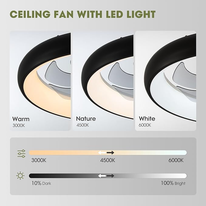 Modern Black 20" Flush Mount Ceiling Fan with Lights, 6 Wind Speeds, LED, Bedroom, Kitchen