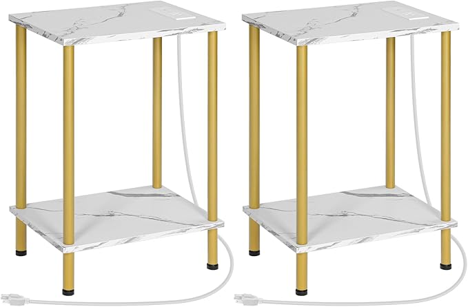 HOOBRO Side Table with Charging Station, Set of 2 End Tables with USB Port and Outlet, Nightstand with 2-Layer Storage Shelves for Small Spaces, Living Room, Bedroom, Gold and Marble DM09UBZP201