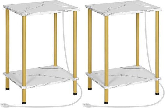 HOOBRO Side Table with Charging Station, Set of 2 End Tables with USB Port and Outlet, Nightstand with 2-Layer Storage Shelves for Small Spaces, Living Room, Bedroom, Gold and Marble DM09UBZP201