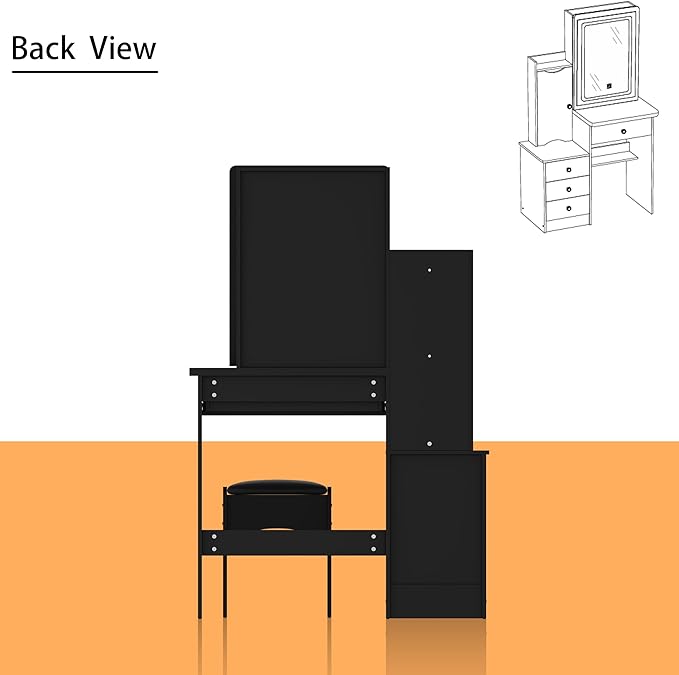 FAMAPY Vanity Mirror with Lights Desk and Chair, Vanity Desk with Sliding Lighted Mirror, Makeup Vanity with Lights, Drawers & Crystal Handles, Cushion Stool, Black
