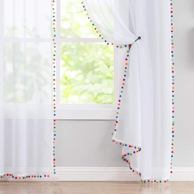 Treatmentex White Linen Sheer Curtains for Living Room 95" Long Colorful Pompoms Kids Window Draperies for Nursery Room Baby Voiles 2 Panels