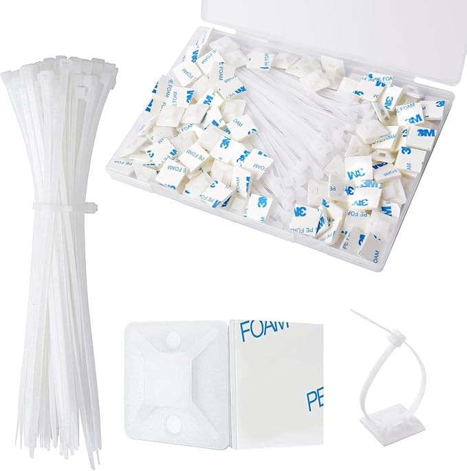 Strong Back-Glue Self Adhesive Cable Zip Tie Mounts Kit - 50 Set Cable Management Clips with 6" Zip Ties, Wire Holders - Outdoor Sticky Wire Organizer Clips-White