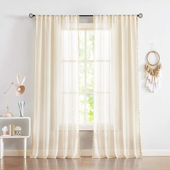 Treatmentex Pompom Linen Sheer Curtains for Living Room Bedroom 72 inches Long Slub Textured Window Curtain Drapes for Office 2 pcs, Beige