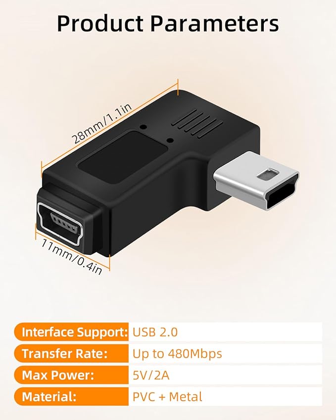 RIIEYOCA Mini USB 5 PIN Adapter,90 Degree Right and Right Angled Mini USB Male to Female Connector,Supports Charging and Data Transfer for Mobile Phones,Cameras,Laptops etc.(2Pack)