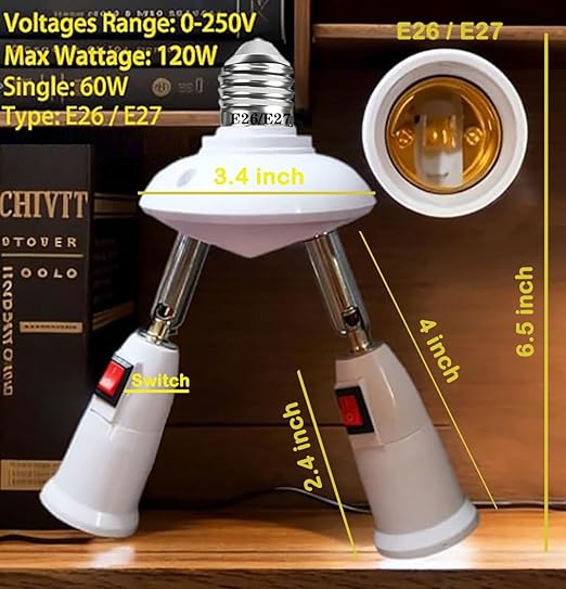 2-in-1 Light Socket Extender, E26/E27 to 2 Bulb Adapter with Adjustable Arms, 360° Rotatable for Ceiling Fan/Lamp Holder, UL Listed, Extension Splitter with Power Switch(White)