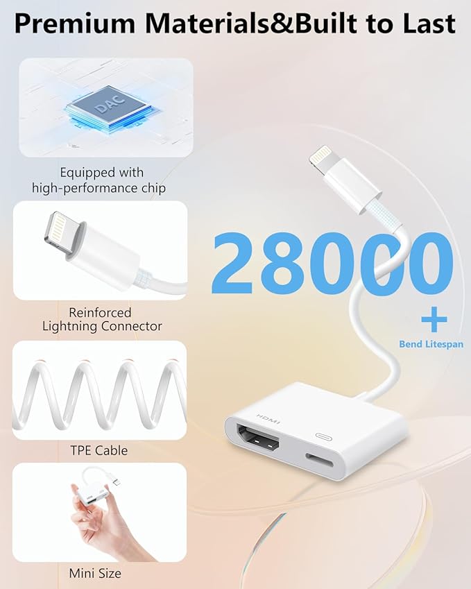 Lightning to HDMI Adapter for iPhone, [Apple MFi Certified] Digital AV Dongle,1080P Sync Screen Cable with Lightning Charging Port for iPhone, iPad to TV/Projector/Monitor No Need Power Supply