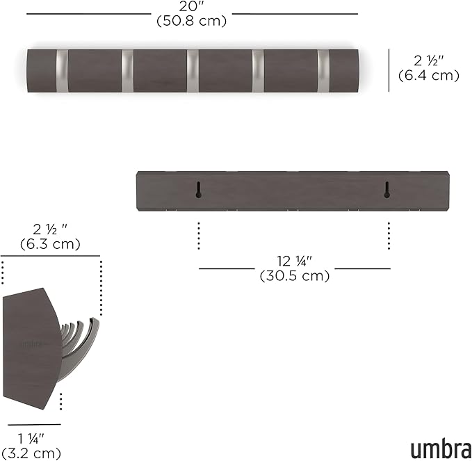 Umbra Flip Wall Mounted Floating Rack – Modern, Sleek, Space-Saving Coat Hanger with 5 Retractable, Driftwood/Nickel Hook