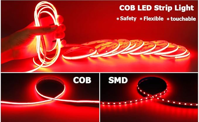 TOPAI 12V COB LED Strip Light Red 16.4ft Waterproof IP65 Dotless High Density 480LEDs/M Super Bright Cuttable Flexible LED Tape Light for Cabinet Home DIY Lighting Projects