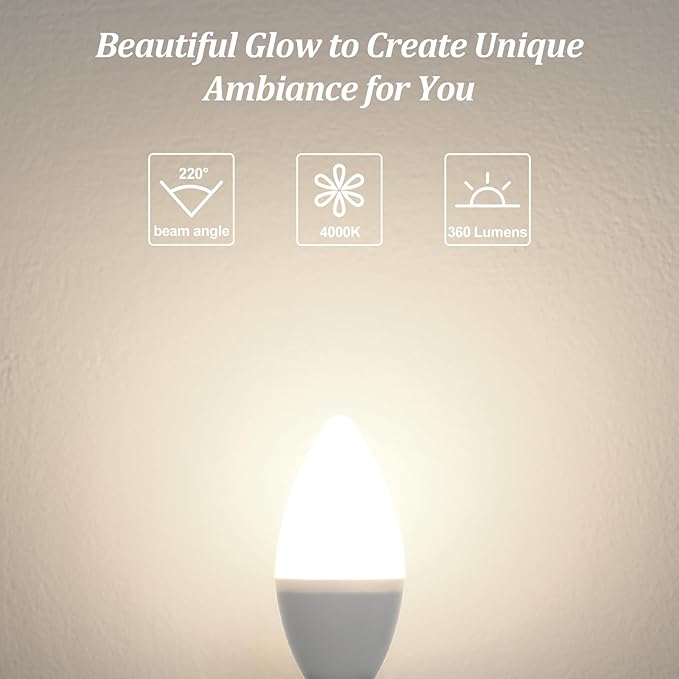 Brightever E12 Candelabra LED Light Bulbs 40W Equivalent, 4W Small Candle Light Bulbs Neutral Light 4000K, Type B Ceiling Fan Lightbulbs for Chandelier, Table Lamps, Non-Dimmable, Pack of 12