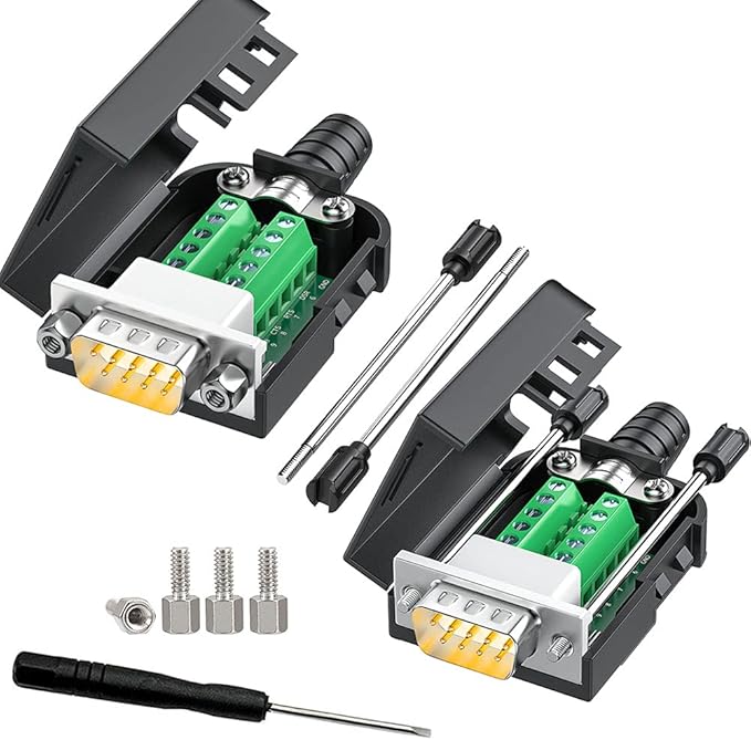 2PCS DB9 Breakout Connector DB-9 Male adapters，9 PIN RS232 RS485 Adapter to Wiring Terminal,No Soldering Needed DB9 Serial connectors with Bolts Nuts Tail Pipes and Screwdriver, Easy to use