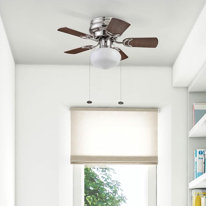 Prominence Home Hero, 28 Inch Traditional Flush Mount Indoor LED Ceiling Fan with Light, Pull Chain, Dual Finish Blades, Reversible Motor - 51656-01 (Brushed Nickel)