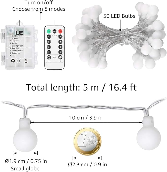 Lighting EVER Globe String Lights Battery Operated, 16.4ft 50 LED Small Ball Decorative Fairy Light with Remote and Timer, Hanging for Bedroom, Teen Room, Dorm, Teepee, Balcony, Camping Tent