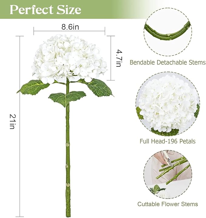 Waipfaru 21" Real Touch White Hydrangea Artificial Flowers with Long Stem & Leaves, Full Latex Faux Hydrangea Flowers for Home Decor Party Floral Arrangements Wedding Bouquets Centerpieces, 5Pcs