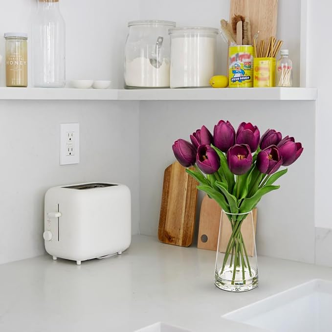 Fake Tulips Artificial Tulip Flowers in Glass Vase with Faux Water, 14.2" Real Touch Purple Tulip Flowers Décor for Table Centerpiece Home Farmhouse Resto Wedding Decoration
