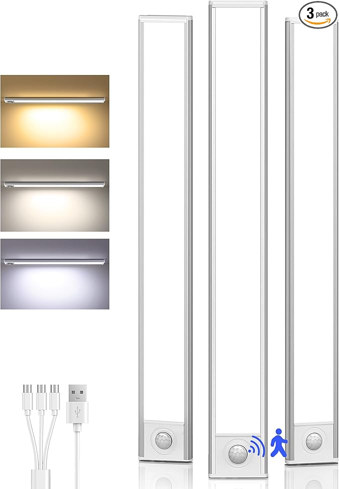 Under Cabinet Lighting Wireless,Rechargeable Battery Motion Sensor Light Indoor,LED Closet Lights USB Charging,3 Color Dimmable Under Cabinet Lights for Kitchen, Cabinet, Wardrobe (3 Pcs) 16inch