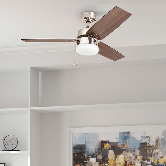 Prominence Home Reston, 42 Inch Modern Farmhouse LED Ceiling Fan with Light, Pull Chain, Dual Mounting Options, Dual Finish Blades, Reversible Motor - 51014-01 (Brushed Nickel)