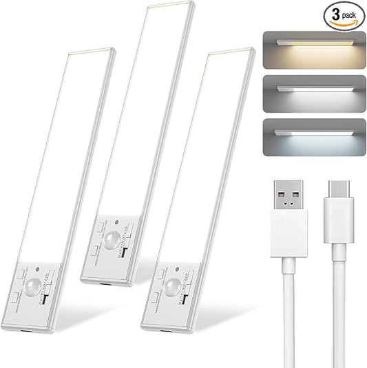 FBY Under Cabinet Lighting,1800mAh USB Rechargeable Closet Light, 8-Inch LED Motion Sensor Indoor, 3-Level Adjustable Brightness and 3 Color Temperature Options (3Pack)