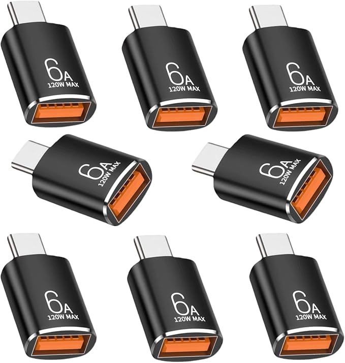 BOMIE USB C to USB Adapter 8 Pack,6A 120W Fast Charging 10Gbps Data Transfer,USB C Male to USB 3.2 Female OTG Adapter for Phone 15/16/17,Pad,Ma-cBook Pro/Air,Smartphone,Laptop,Tablet Black