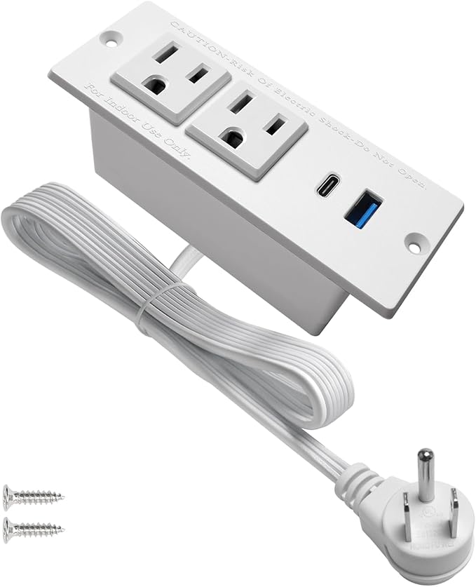 USB C Recessed Power Strip Fast Charge Desktop Power Station 2 Outlets 2 USB (PD20W & QC18W, Total 20W) Mountable Flat Plug Extension Cord Mount for Tabletop Sofa Cabinet Nightstand (USB C White)
