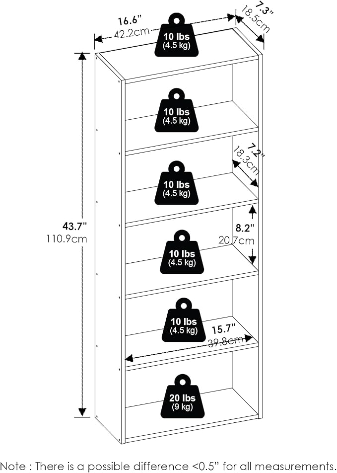 Furinno Basic Book Shelf, 5-Tier Bookshelf, Cube Storage Organizer Bookcase with Open Shelf, 7 x 17 x 44, for Living Room, Bedroom, Home Office, Amber Pine