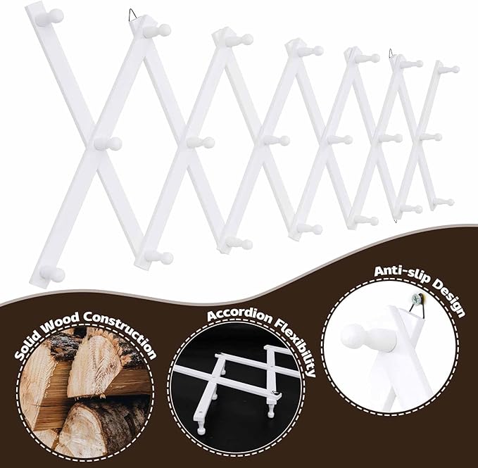 Wall Rack with 20 Hooks, Wooden Wall Expandable Coat Rack for Coat, Hats, Baseball Caps, Coffee Mug, Jewelry(White)
