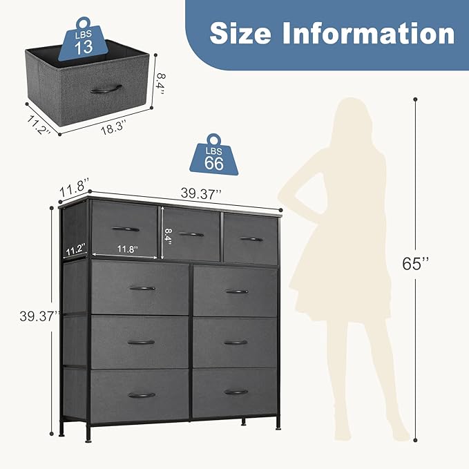 DUMOS Dresser for Bedroom, Dressers & Chests of Drawers Dresser Organizer, Wood Top Table Furniture with 9 Fabric Storage Tower Unit, Chest of Drawers for Closet, Living Room, Hallway, Porch