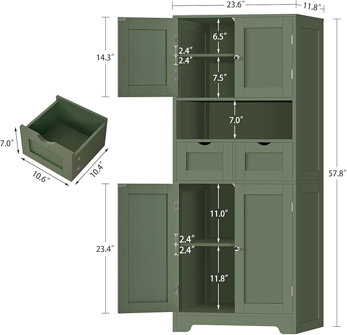 Iwell 58" H Tall Bathroom Storage Cabinet with 2 Drawers & 2 Adjustable Shelves, Bathroom Cabinet with 4 Doors, Tall Cabinet for Living Room, Dining Room, Entryway, Forest Green