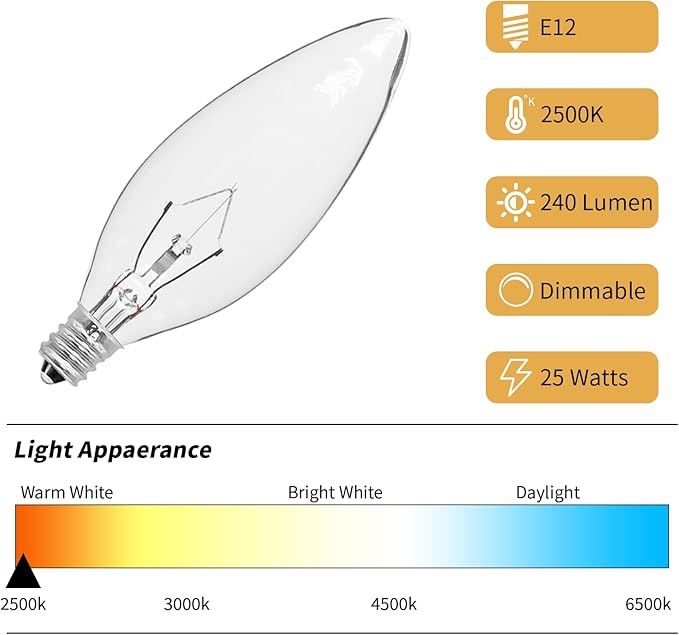 20-Pack E12 Candelabra Light Bulbs 25W Warm White 2500K, 240 Lumen Dimmable Chandelier Light Bulbs for Ceiling Fan, Pendants or Outdoor, B10 Clear Incandescent Candle Bulbs
