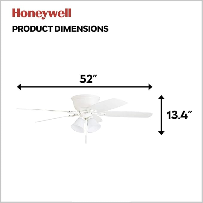 Honeywell Ceiling Fans Glen Alden, 52 Inch Classic Flush Mount Indoor LED Ceiling Fan with Light, Pull Chain, Quick-2-Hang Dual Finish Blades, Reversible Motor - 50520-01 (White)