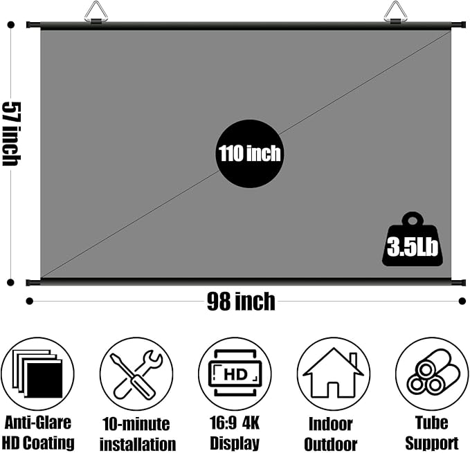 110 inch Projector Screen, XIAOHUI Portable Movie Projector Screen for Outdoor Indoor with 3 pcs Adhesive Hook, 4K Hanging Projection Screen for Room Wall, No Drilling, Anti-Glare Coating, 16:9 HD