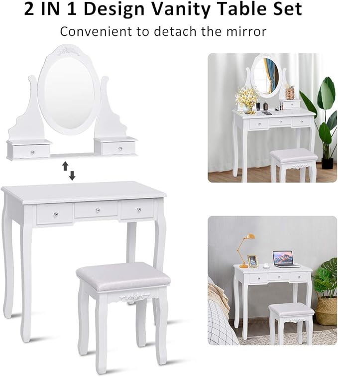 Giantex Vanity Set with Oval Mirror & Cushioned Stool, Makeup Dressing Table Large Storage with 5 Drawers, Mirrored Bedroom Vanities Makeup Table for Kids Girls Women, Easy Assembly (White)