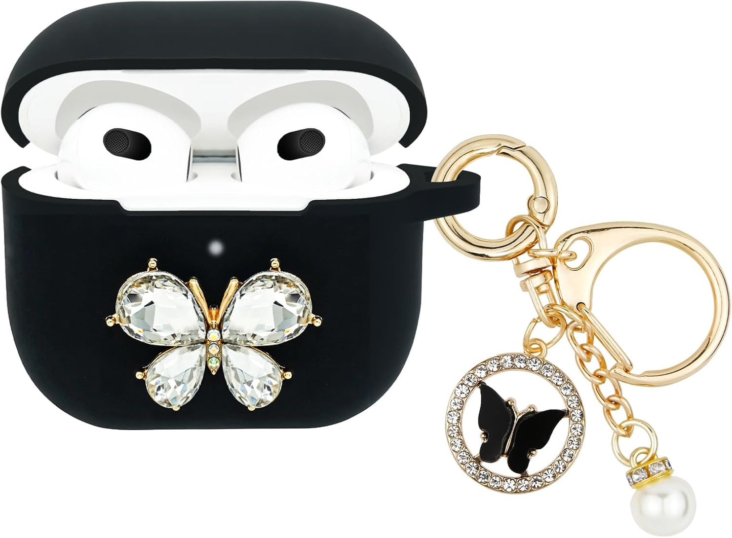 Wonhibo Cute Butterfly Designer Case for Airpods 3, Cover for 3rd Generation 2021 with Keychain (Black)