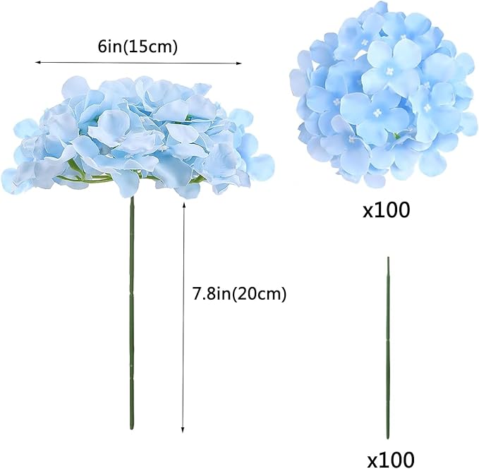WEISPARK 100PCS Artificial Hydrangea Flowers, Fake Flowers Silk Hydrangea Full Flowers Heads with Stems for Wedding Home Party Shop Baby Shower Decor (Blue)