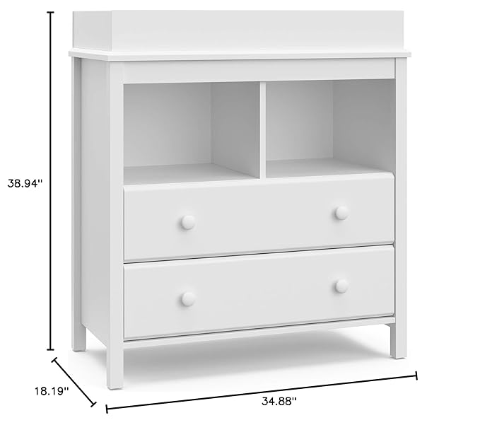 Storkcraft Alpine 2 Drawer Changing Table Chest (White) - Attached Changing Table Topper Fits Any Standard-Size Baby Changing Pad, 2 Drawers, 2 Shelves for Extra Nursery Storage, Easy to Assemble