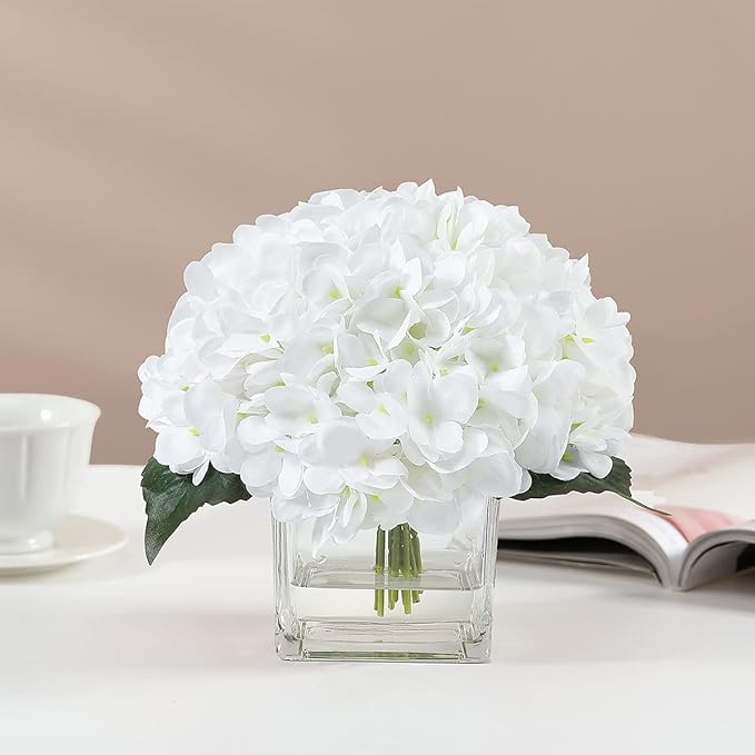Silk Hydrangea Artificial Flowers in Vase with Faux Water, Silk Flower Arrangements in Vase for Wedding, Dining Table, Living Room (White)