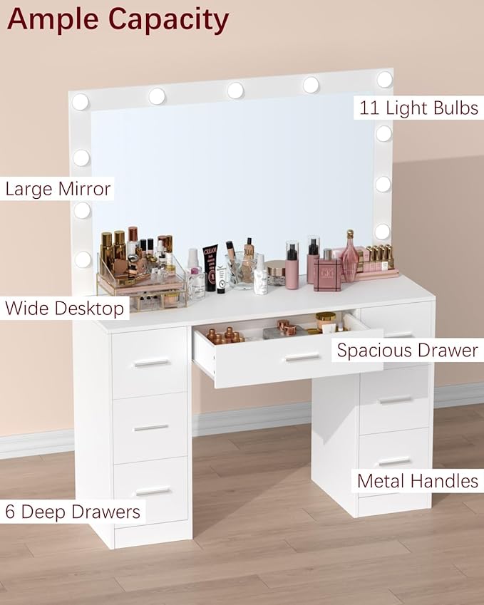 Irontar Vanity Table, Makeup Desk with Lighted Mirror, Dressing Desk with Drawers and Adjustable Brightness, 3 Color Lighting Modes, Vanity Desk for Women(White)