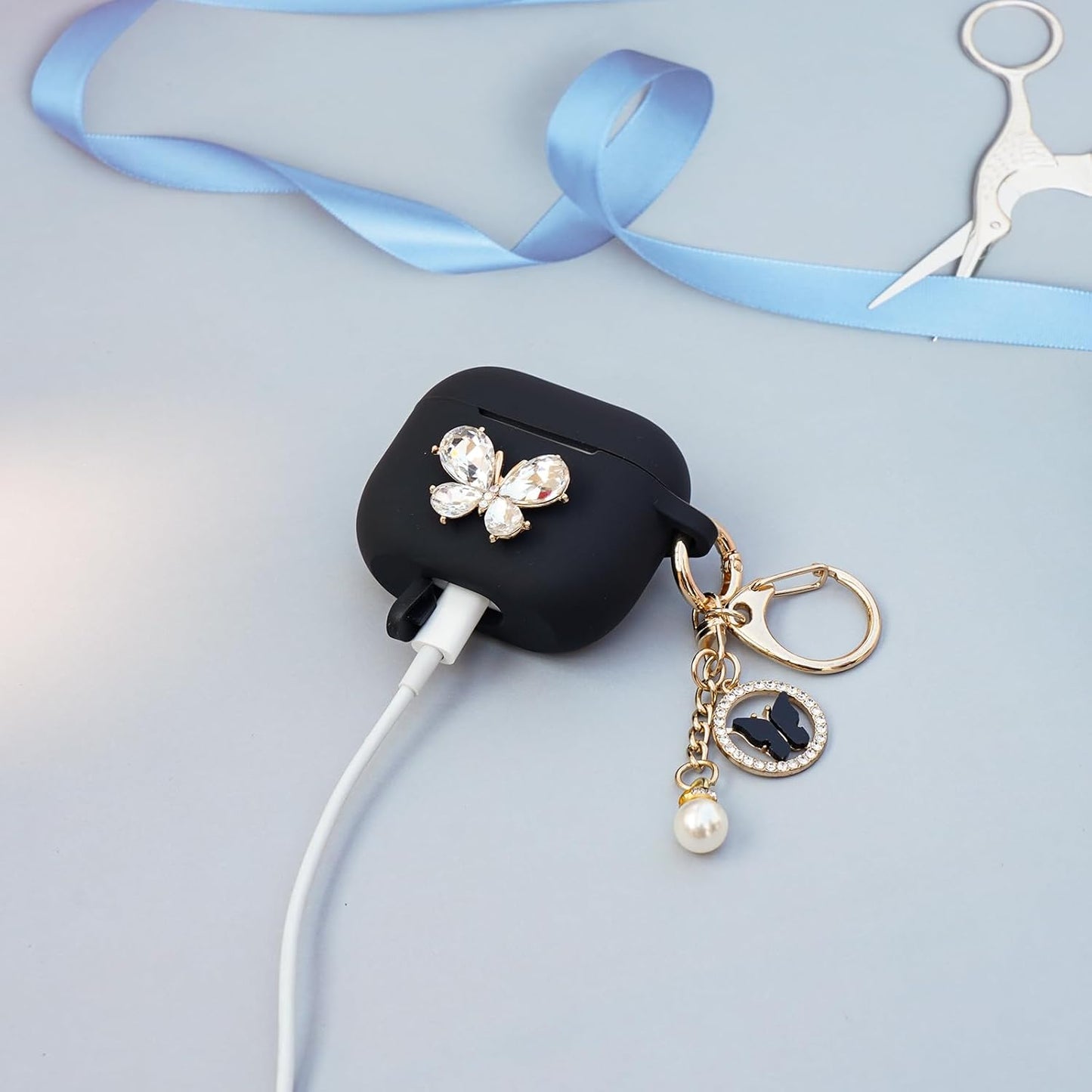 Wonhibo Cute Butterfly Designer Case for Airpods 3, Cover for 3rd Generation 2021 with Keychain (Black)