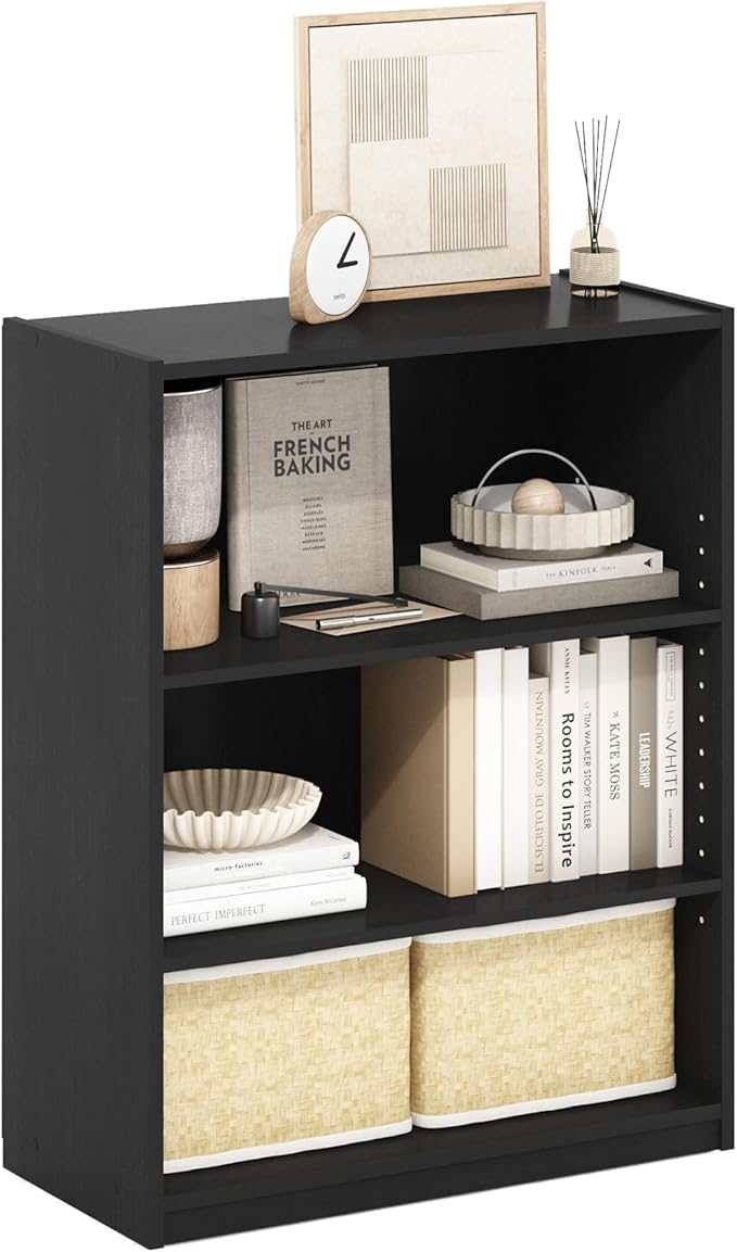 Furinno GEHRY Book Shelf, 3-Tier Bookshelf, Bookcase with Adjustable Shelves, 11.6 x 24.8 x 31.6, for Living Room, Bedroom, Home Office, Blackwood