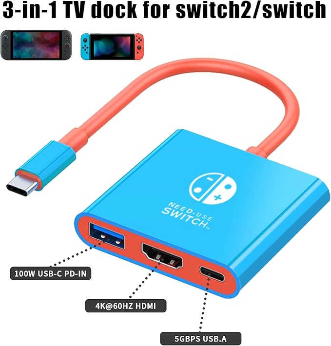 USB C to HDMI Adapter for Switch, Dock 3 in 1 TV Adapter with 4K HDMI Cable, 100W Type C Charging, Compatible with Switch, Steam Deck, Smartphones, PC (bleu)
